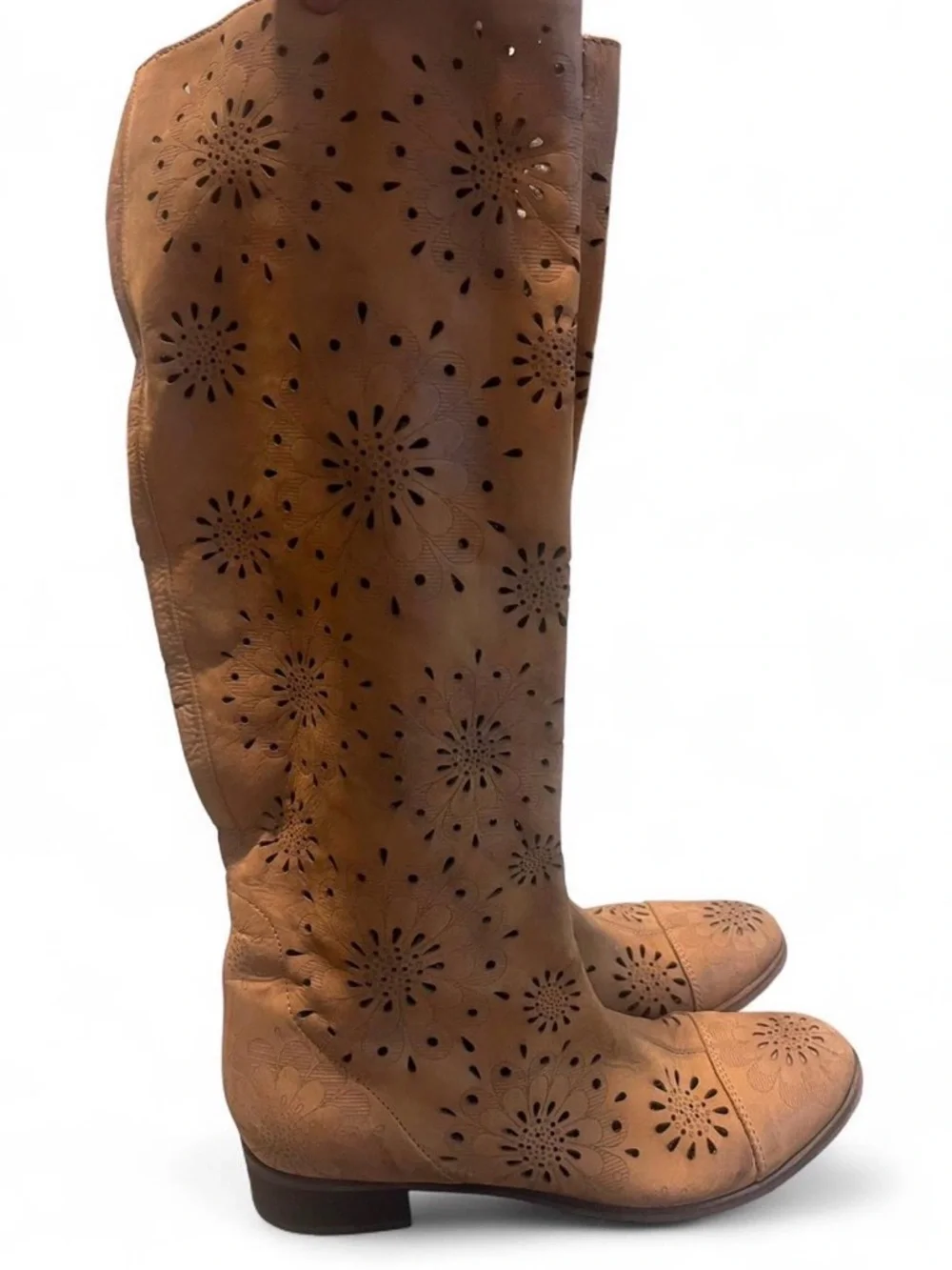Over-the-Knee Perforated Floral Tan Boots‎